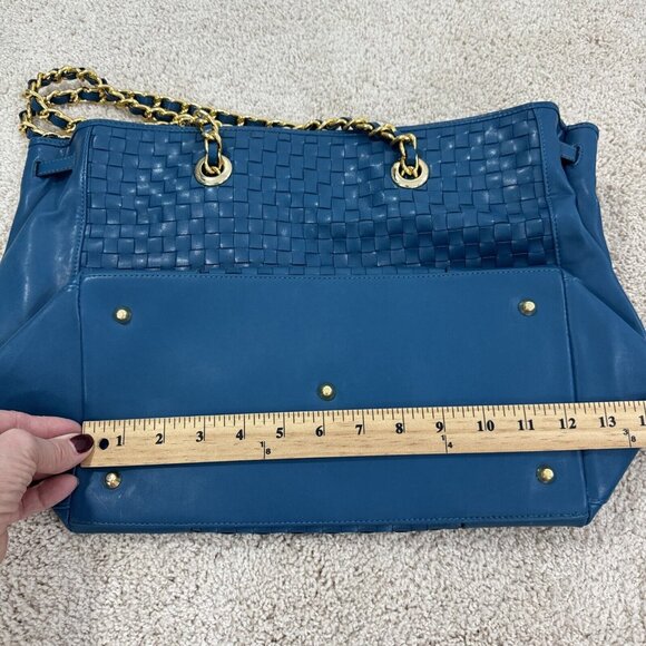 Joan Rivers Slouchy Teal Faux Leather Woven Tote Shoulder Bag Gold Chain Strap L - Picture 5 of 16